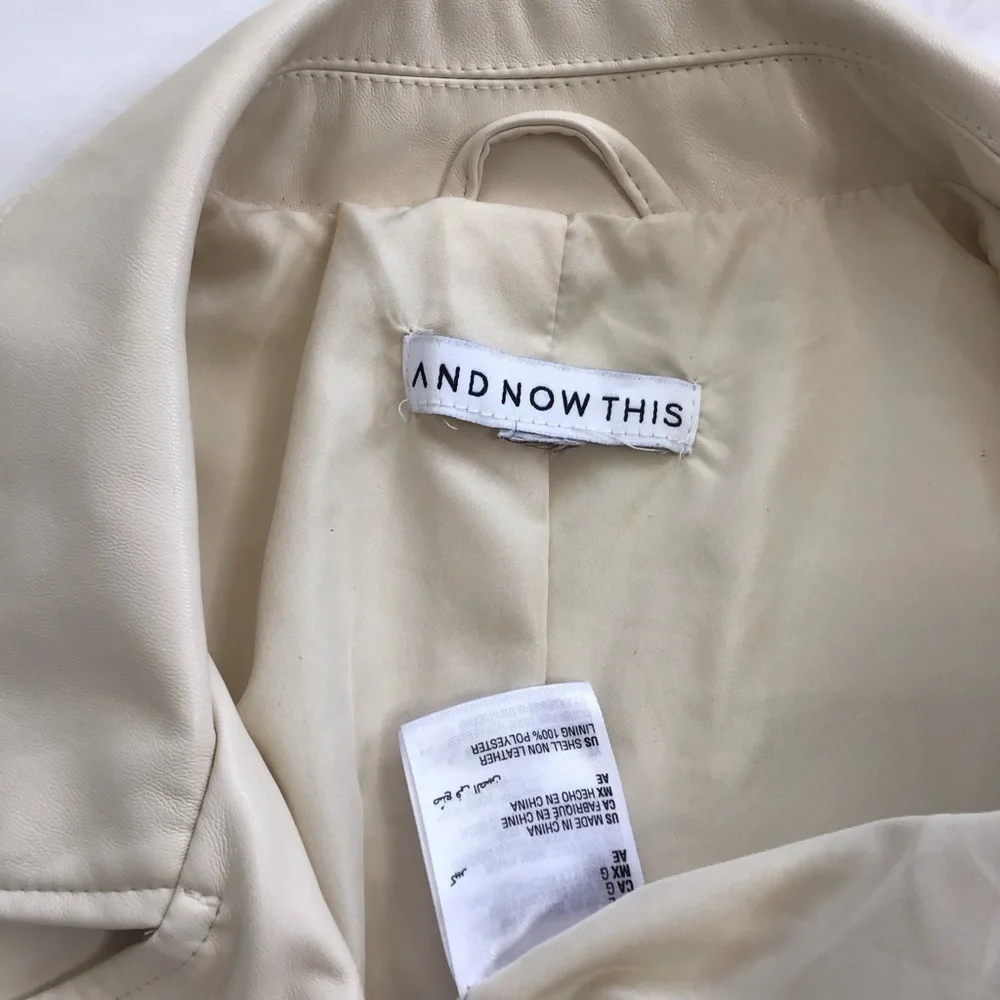 AND NOW THIS WOMEN STYLISH CREAM FAUX LEATHER COLLARED ZIPPER MOTO JACKET SZ L - Picture 11 of 12